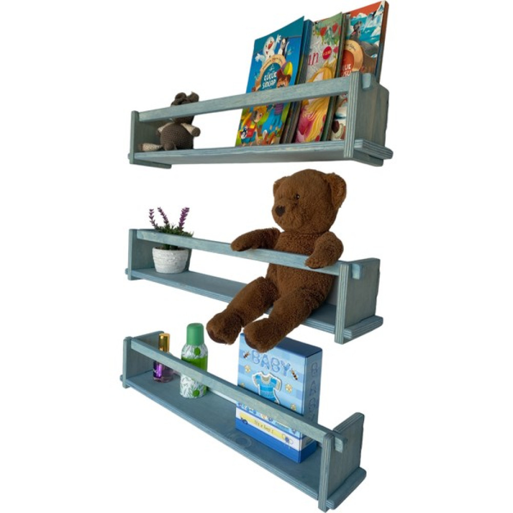 RealWood Ahşap Dekoratif Çocuk Odası Rafı, Mutfak Rafı, Montessori Kitaplık 3'lü Raf 40 Cm. - Mavi Duvar Rafı Fiyatı