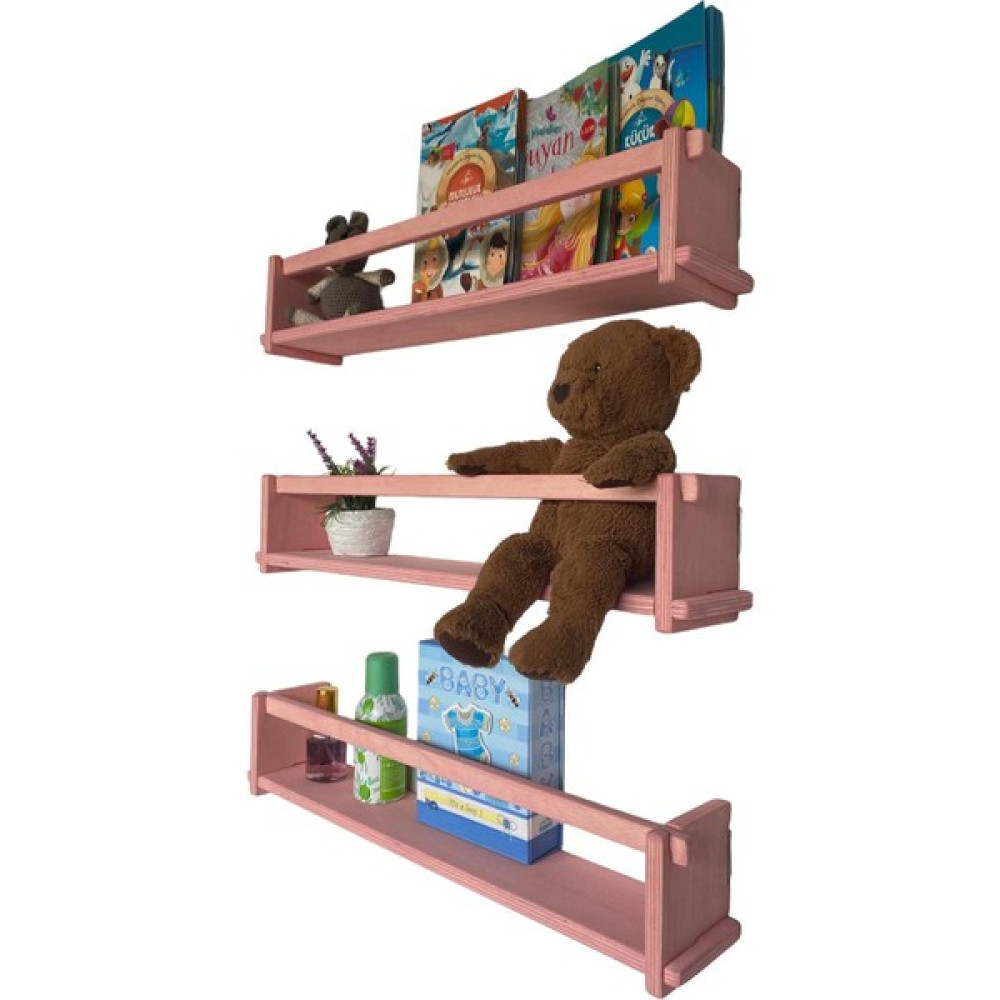 RealWood Ahşap Dekoratif Çocuk Odası Rafı, Mutfak Rafı, Montessori Kitaplık 3'lü Raf 40 Cm. Pembe Kitaplık - Duvar Rafı & CD / DVD Rafı Fiyatı