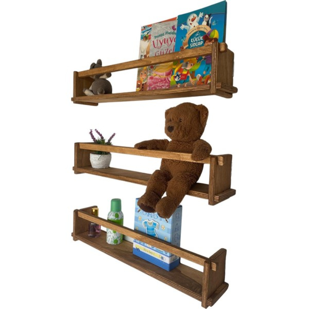 RealWood Ahşap Dekoratif Çocuk Odası Rafı, Mutfak Rafı, Montessori Kitaplık 3'lü Raf 55 Cm. Teak Rengi Kitaplık - Duvar Rafı & CD / DVD Rafı Fiyatı
