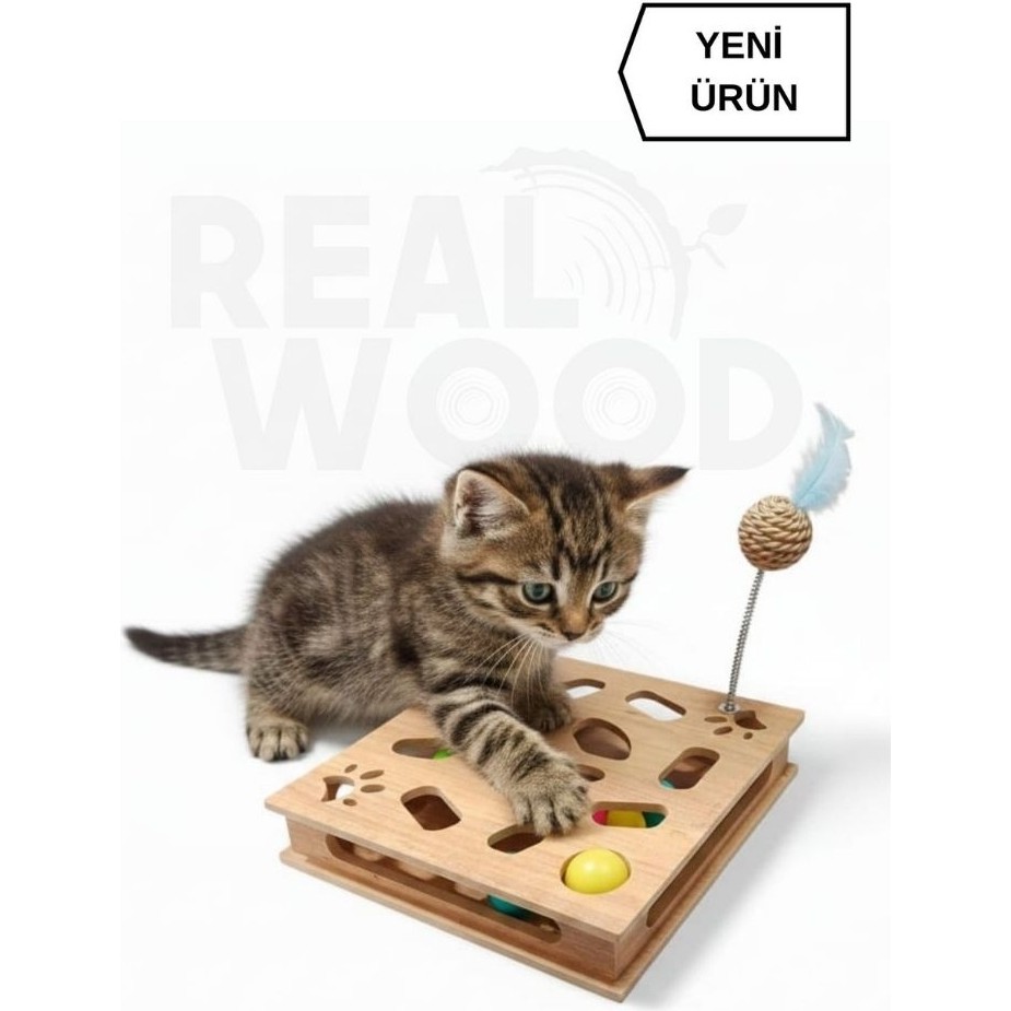Realwood Ahşap Kare Kedi Oyuncağı - 30cm x 30cm - Çıngıraklı Toplu - Yatay Model Diğer Fiyatı