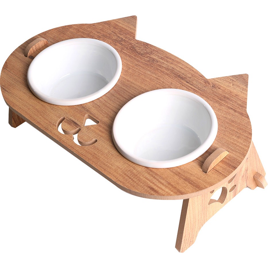 RealWood Kedi Mama Standı (8 mm Mdf)( Eğimli Kedi Modeli )(Beyaz Seramik Kase - 2*400ml) - Beyaz Evcil Hayvan Ürünleri Fiyatı