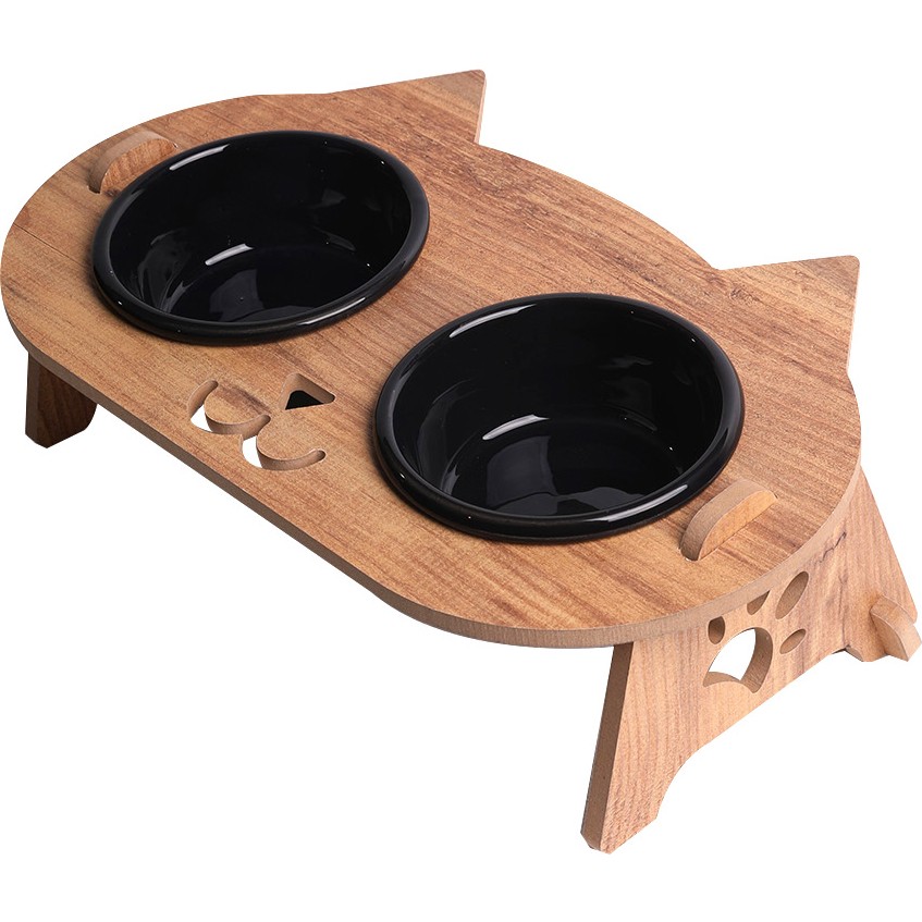 RealWood Kedi Mama Standı (8 mm Mdf)( Eğimli Kedi Modeli )(Siyah Seramik Kase - 2*400ml) - Siyah Evcil Hayvan Ürünleri Fiyatı