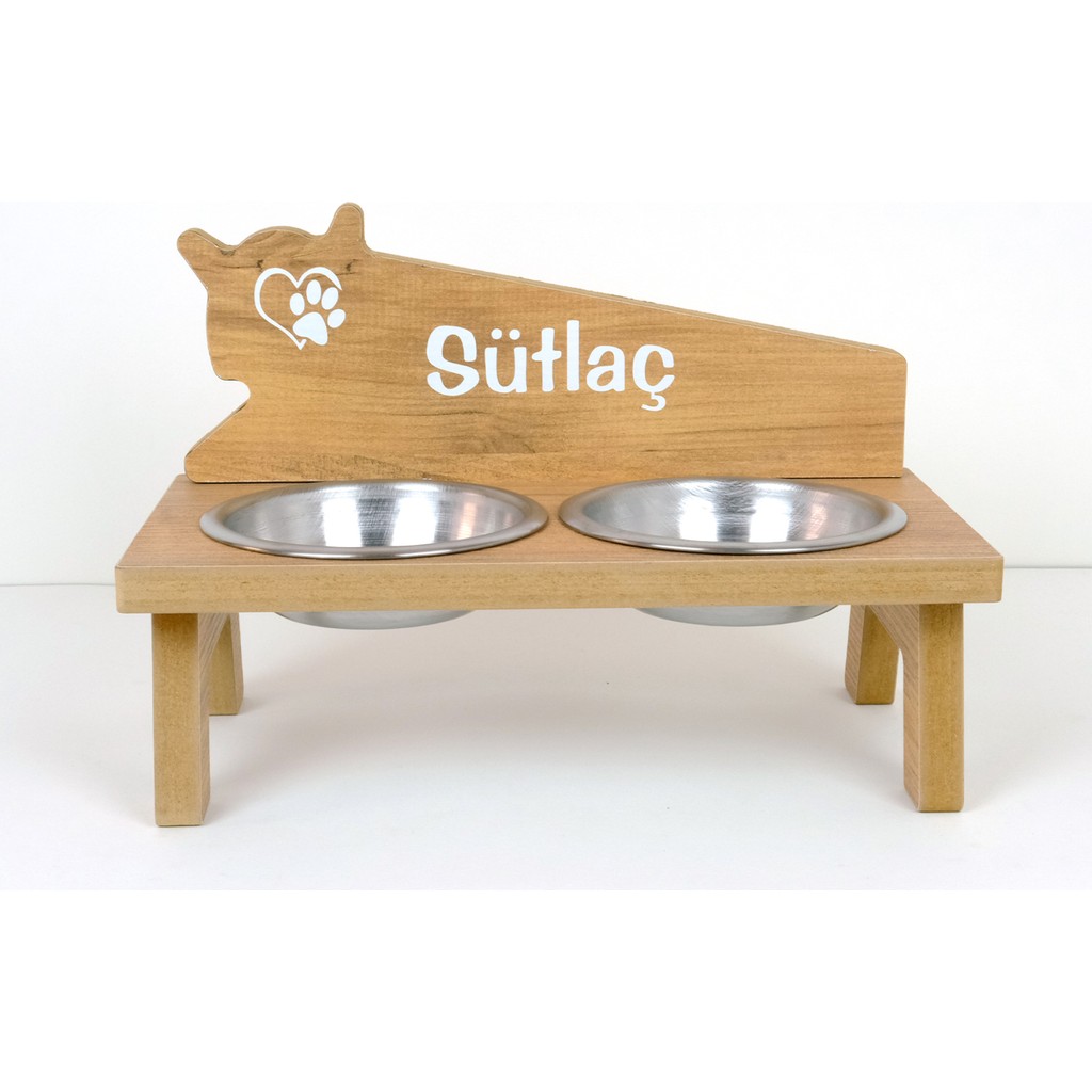 RealWood Özel İsim Baskılı Ahşap Çelik Kaseli Kedi-Köpek Mama ve Su Kabı Stantı/Beyaz-2*350 ml. - Kahverengi Evcil Hayvan Ürünleri Fiyatı