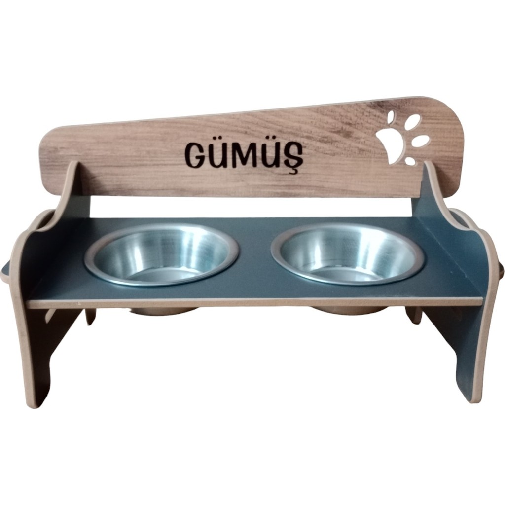 RealWood Özel Isim Baskılı Ahşap Kademeli Eğimli Çelik Kaseli Kedi Köpek Mama ve Su Kabı Stantı - Ahşap Gri Evcil Hayvan Ürünleri Fiyatı