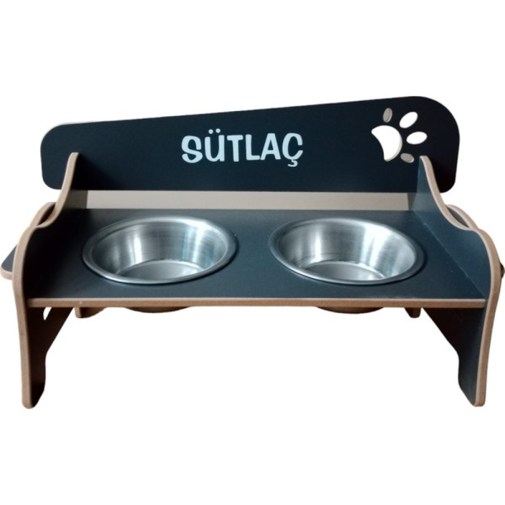 RealWood Özel Isim Baskılı Ahşap Kademeli Eğimli Çelik Kaseli Kedi Köpek Mama ve Su Kabı Stantı - Antrasit Evcil Hayvan Ürünleri Fiyatı