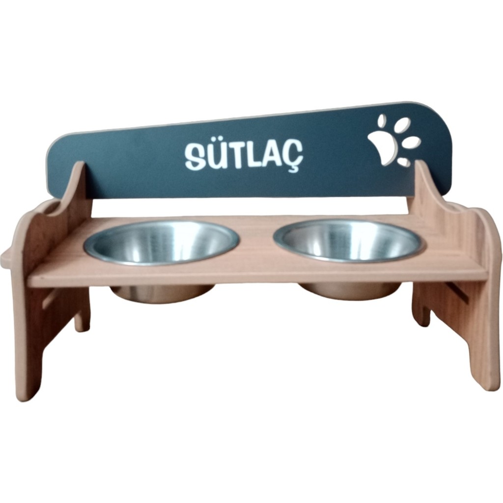 RealWood Özel Isim Baskılı Ahşap Kademeli Eğimli Çelik Kaseli Kedi Köpek Mama ve Su Kabı Stantı - Kahverengi Evcil Hayvan Ürünleri Fiyatı