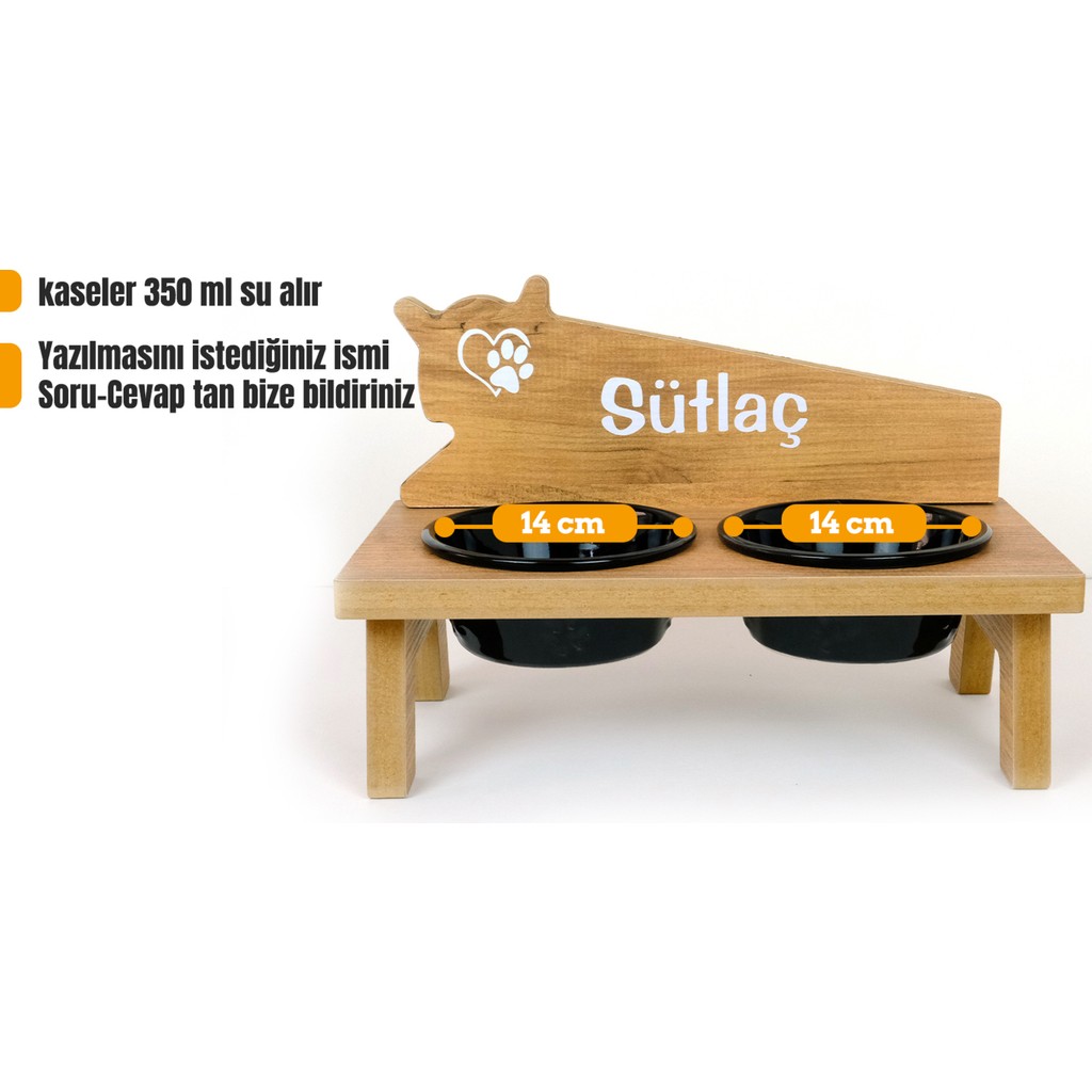 RealWood Seramik Kaseli, Özel Isimli, Ahşap Kedi-Köpek Mama ve Su Kabı Stantı -2*400 Ml. - Beyaz - Siyah Evcil Hayvan Ürünleri Fiyatı