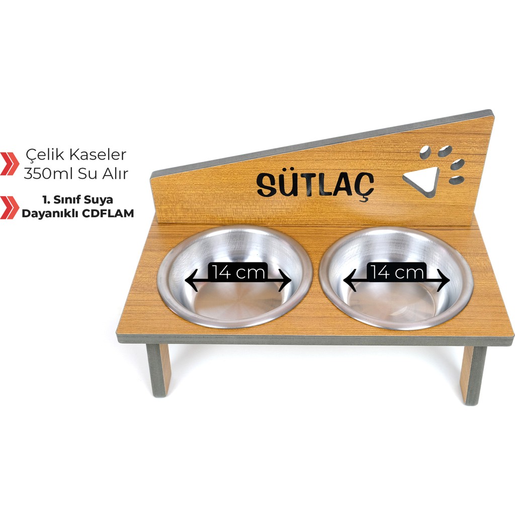 RealWood Suya Dayanıklı Ahşap Çelik Kâseli Özel Isim Baskılı Kedi-Köpek Mama ve Su Kabı Teak rengi - Ceviz Rengi Evcil Hayvan Ürünleri Fiyatı