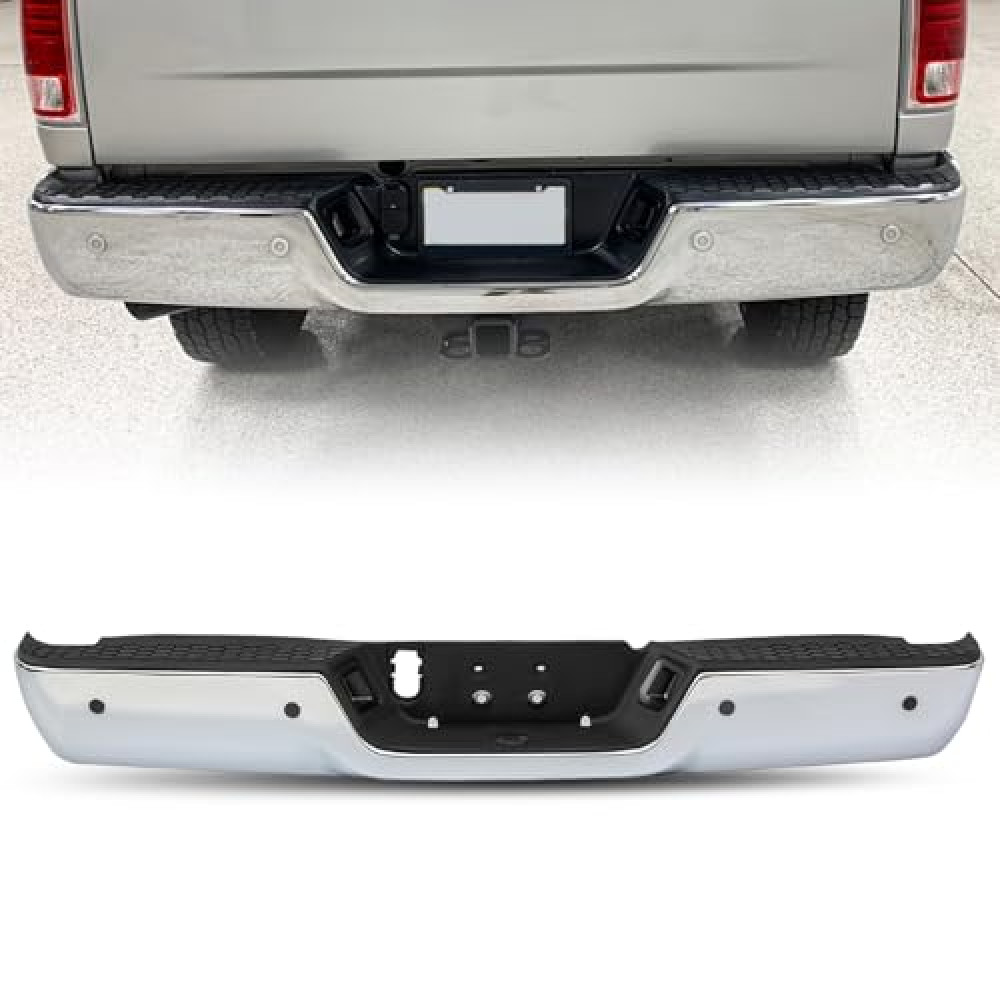 Rear Bumper Assembly Replacement 09-18 Dodge Ram 1500 2500 3500 Chrome Steel Rear Bumper w/o Dual Exhaust w/Parking Assist Sensor Holes