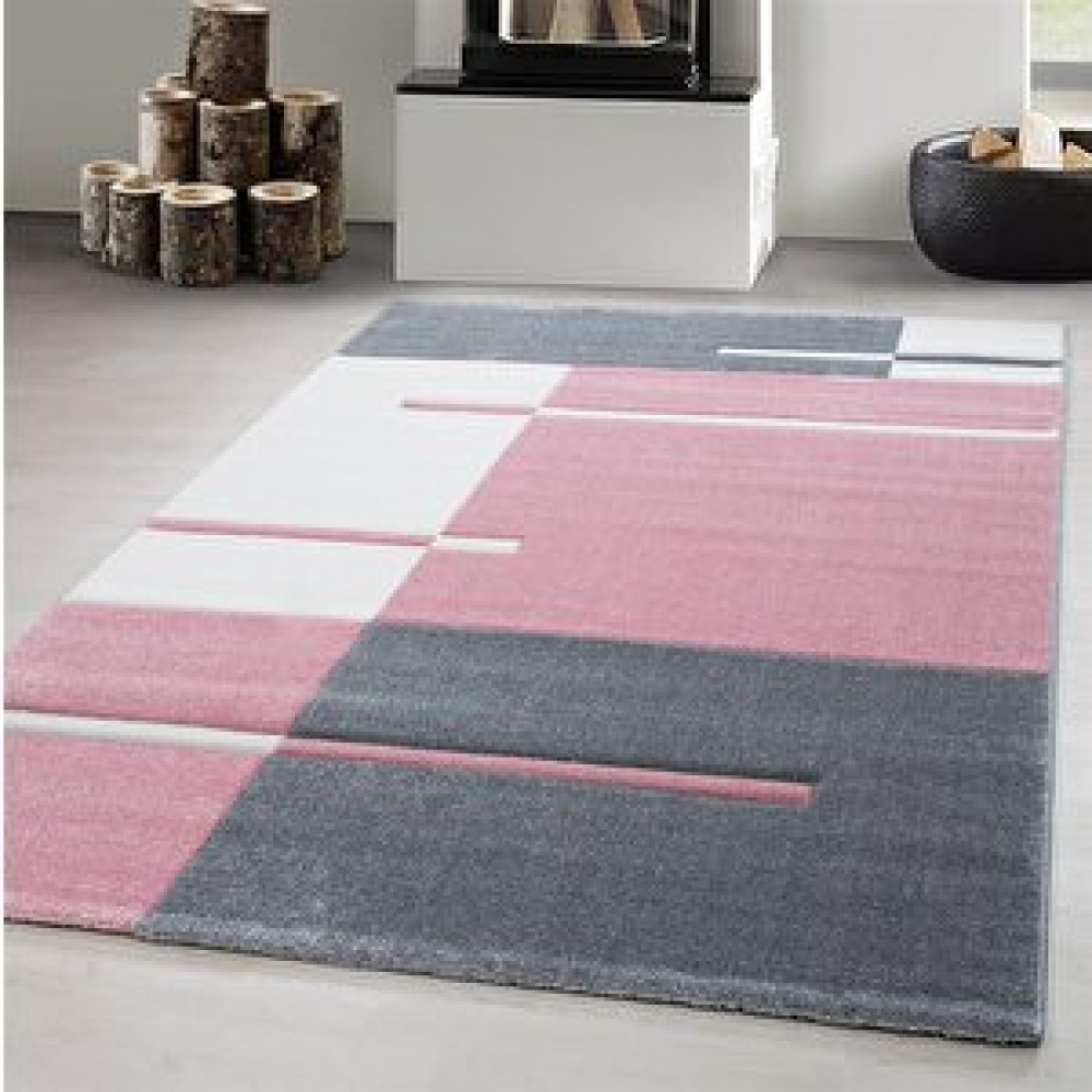Red Halı Oturma Odası Halısı, Kareli Tasarım, Pembe - Gri - Beyaz, Modern Kontur Kesim 80x300 cm Salon & Oturma Odası Tekstili Fiyatı