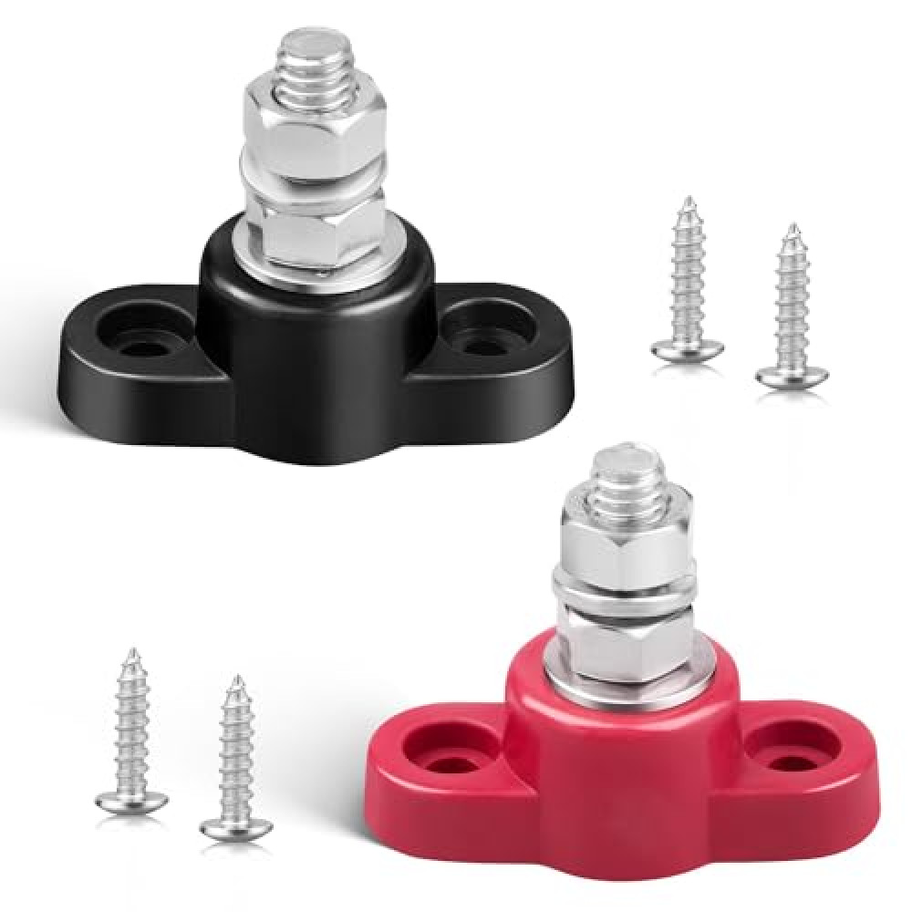 RED WOLF 12V 250A Power Distibution Block 5/16" Single Stud Busbar M8 Terminal Bus Bar 12 Volt DC Battery Junction Post for Auto Boat Marine Solar System Positive and Negative (2PC)