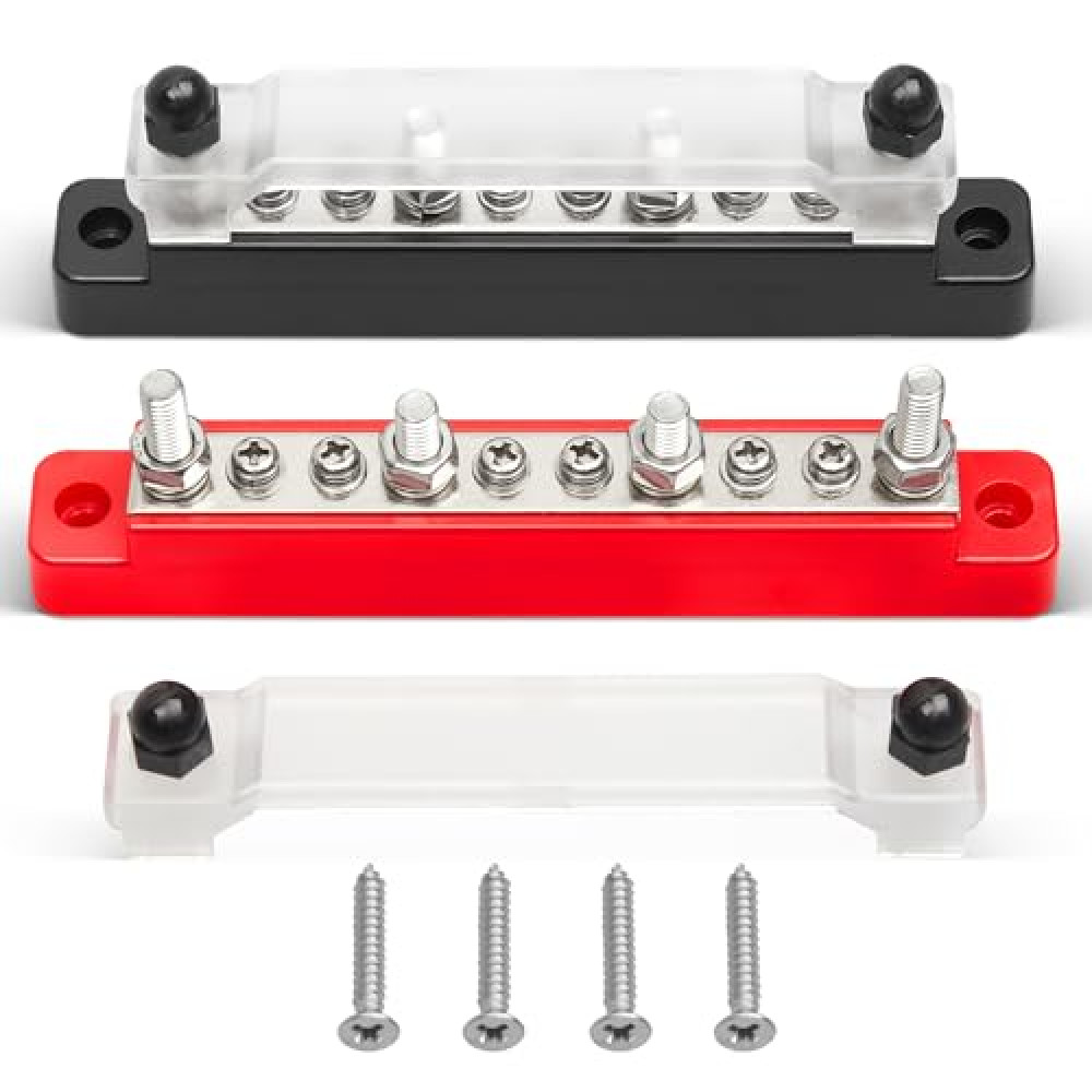 RED WOLF 150A 12V Bus Bar with Cover, 4 x 1/4" (M6) 6 x #8 (M4) Studs Power Distribution Terminal Block 48V DC Car Boat Marine Solar System (Black+Red)