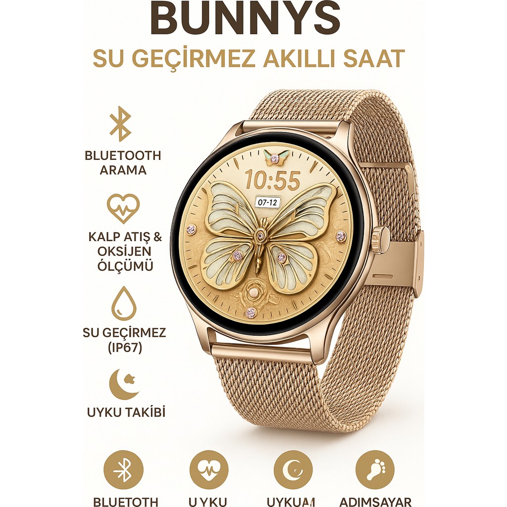 Redmi Turbo 3 Uyumlu Şık Kadın Akıllı Saat – Su Geçirmez, Yuvarlak Çelik Kasa, Metal Kordon - 38 mm - Rose Gold Cep Telefonu Fiyatı