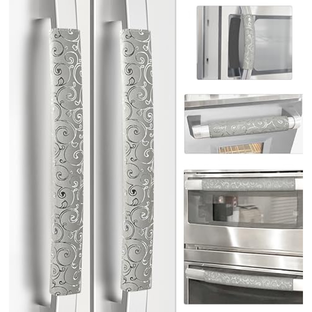 Refrigerator Handle Covers, Set of 6, Non-Slip Fridge Handle Covers, Washable Appliance Handle Covers, Keep Your Kitchen Clean, Microwave Oven Dishwasher Handle Protector(Light Gray, Silver pattern)