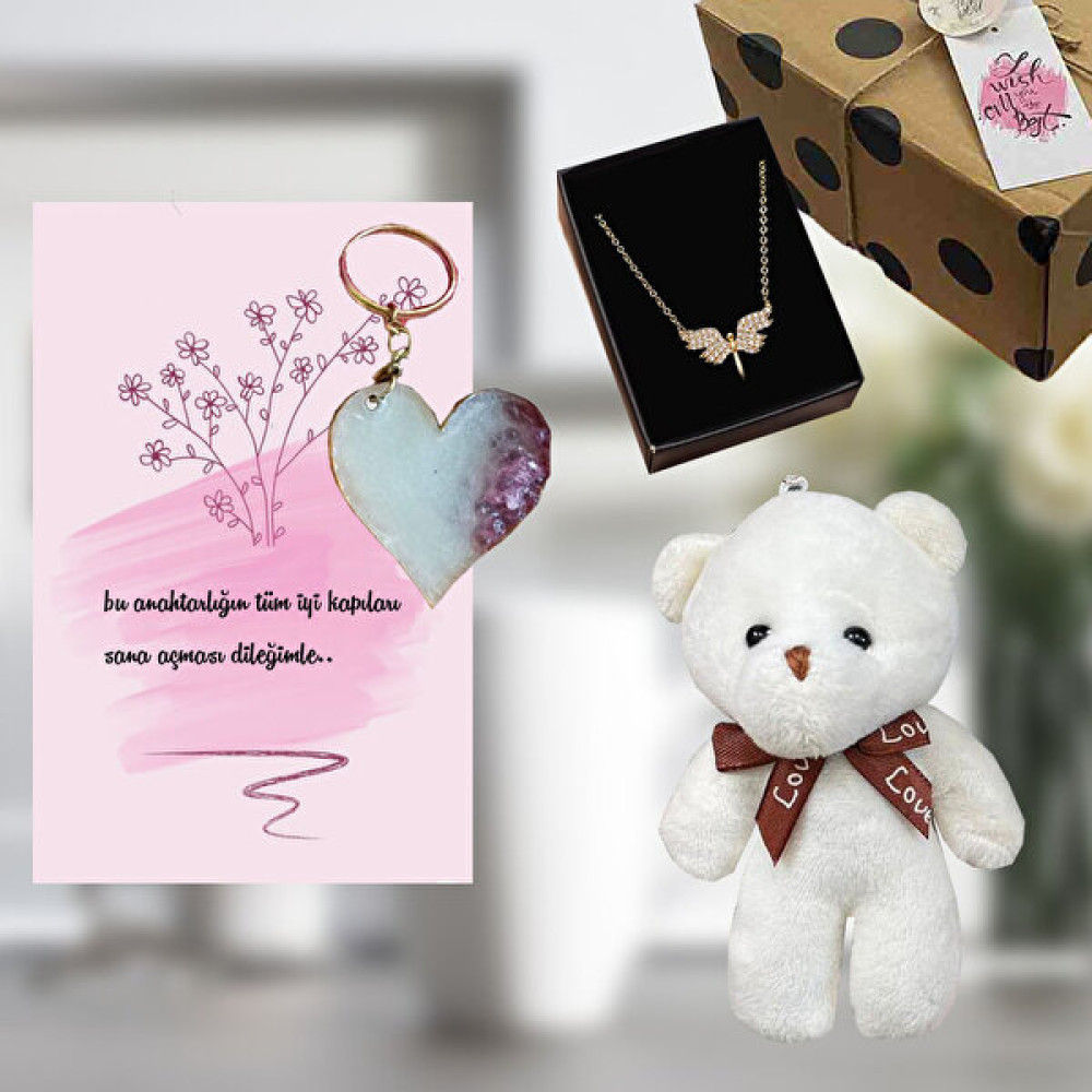 Regalo Ayıcık Melek Kolye Kalp Anahtarlık Hediye Seti Altın, Takı & Aksesuar Fiyatı
