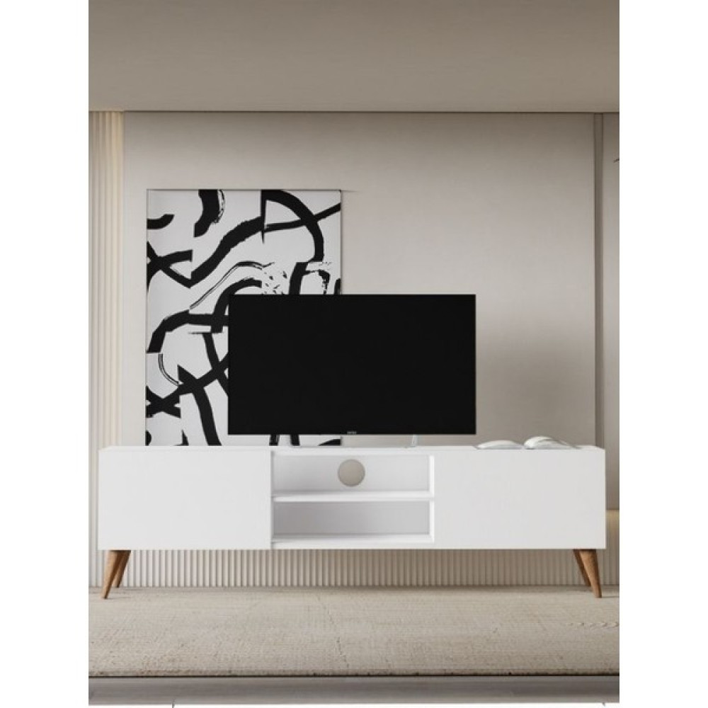 Regisan Tv Ünitesi Tv Sehpası Televizyon Sehpası Masası 140X30 cm Beyaz (Venezia Konik Ayak) Tv Ünitesi / Sehpası Fiyatı