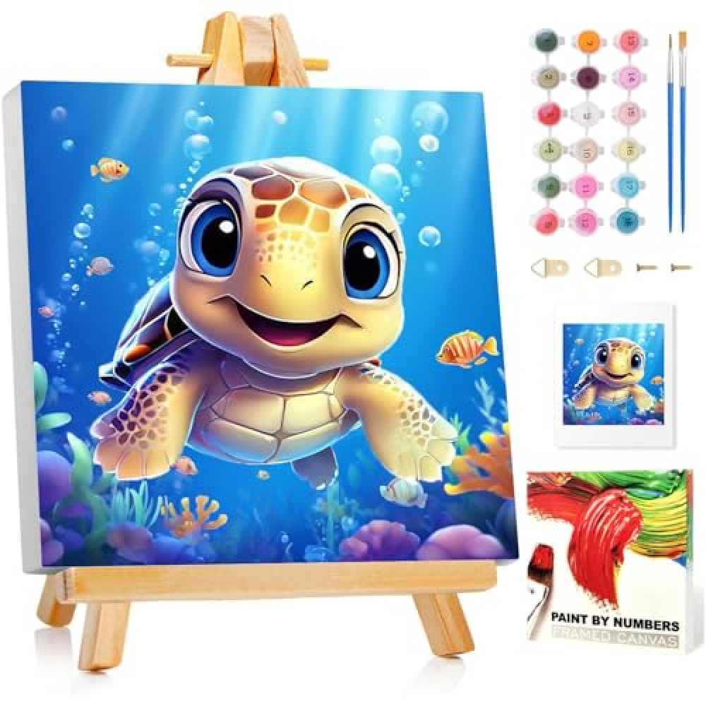Reivworl Paint by Numbers Kit for Kids with Frame, Sea Turtles Paint by Number with Frame, Paint by Number Kids Age 5-8-12 for Gifts and Home Decor (8X8Inch)