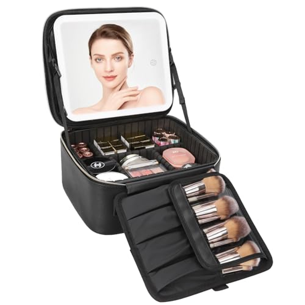 Relavel Travel Makeup Bag With LED Mirror, Cosmetic Train Case with Light up Mirror, Portable Makeup Artist Organizer Bag with Adjustable Dividers, Makeup Brush Holder Storage, Black