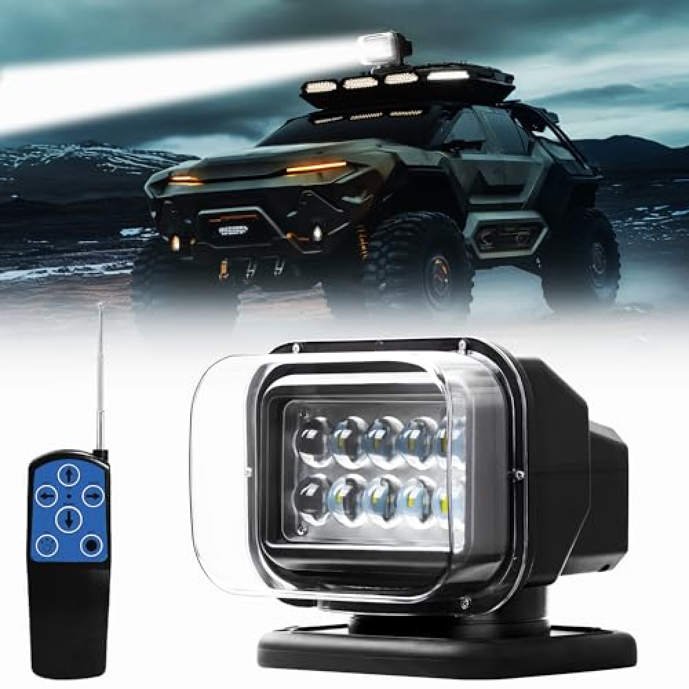 Remote LED Search Light, Auto-Reset 360 Rotating Marine Spotlight for Boat, 6 Strong Magnets Built-in Go Outdoor Spot Light for Truck Offroad Pickup 12V 24V（Black）