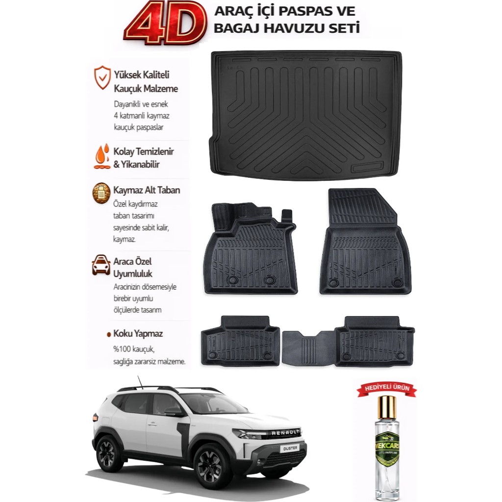 Renault Duster Eco-G 2026 Model Araca Özel Kokusuz Paspas Takımı + Bagaj Havuzu - Siyah Araca Özel Paspaslar Fiyatı