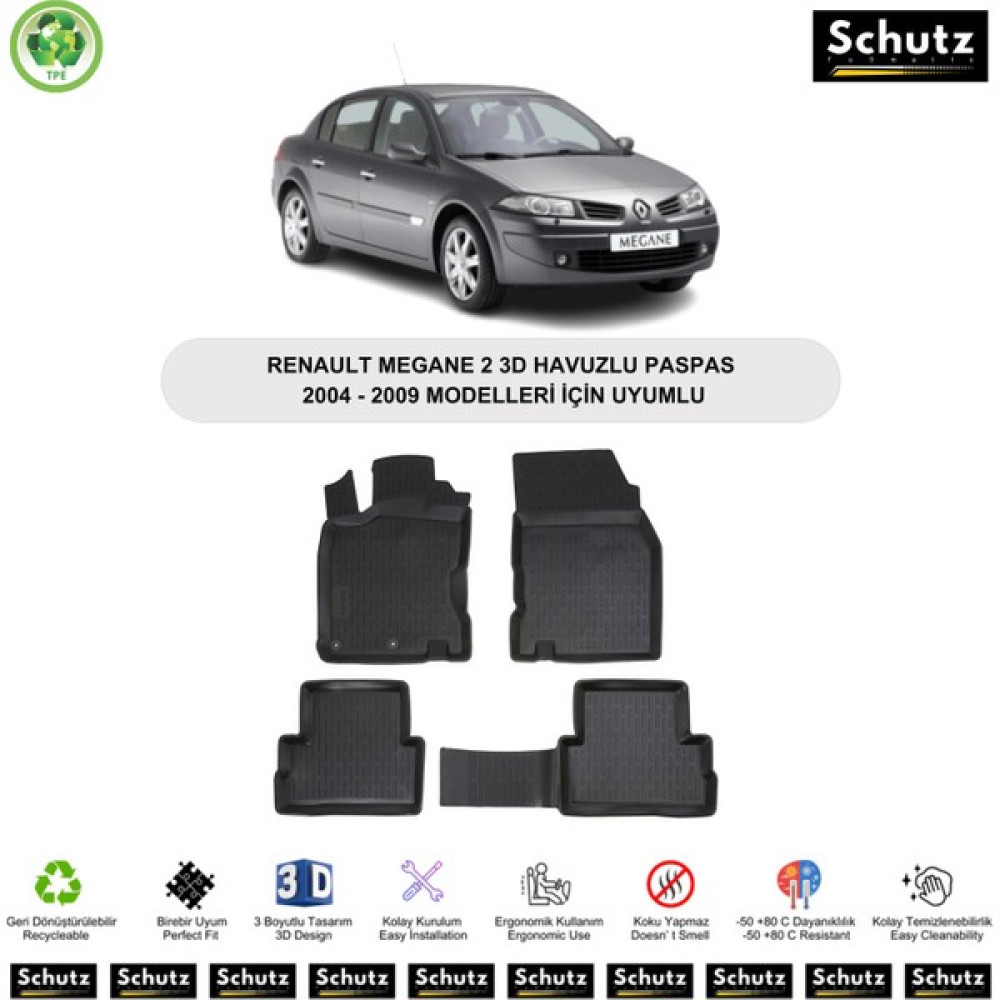Renault Megane 2 2004-2009 Modelleri Için Uyumlu 3D Havuzlu Oto Paspas - Siyah Oto Boyaları Fiyatı