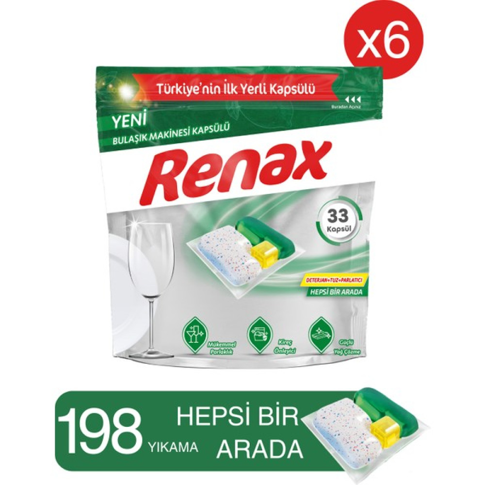 Renax Bulaşık Makinesi Kapsülü Hepsi Bir Arada 33 Lü - 6 Paket Bulaşık Yıkama Fiyatı