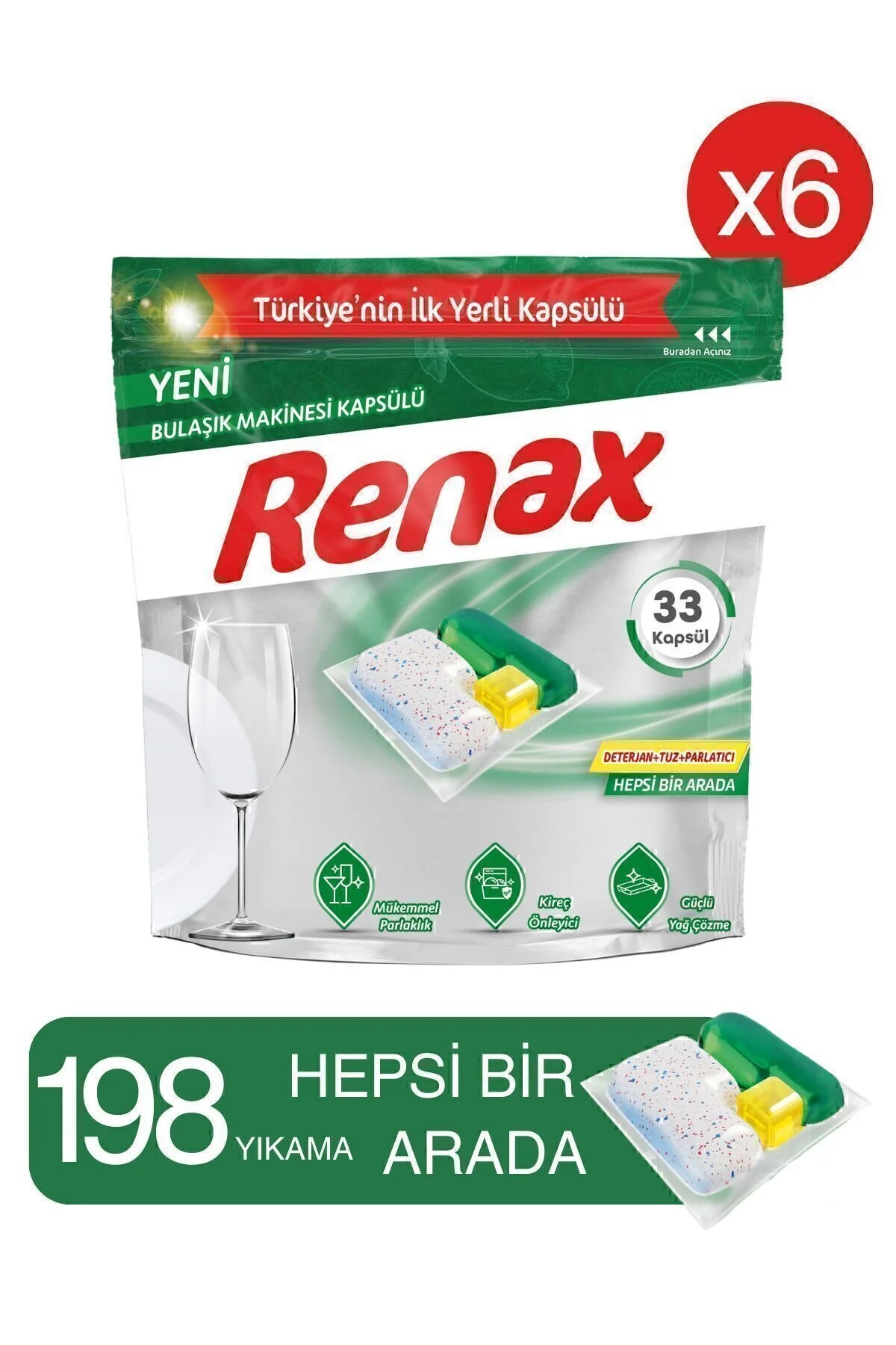 RENAX Bulaşık Makinesi Kapsülü Hepsi Bir Arada 33 Lü X 6 Adet" Bulaşık Yıkama Fiyatı