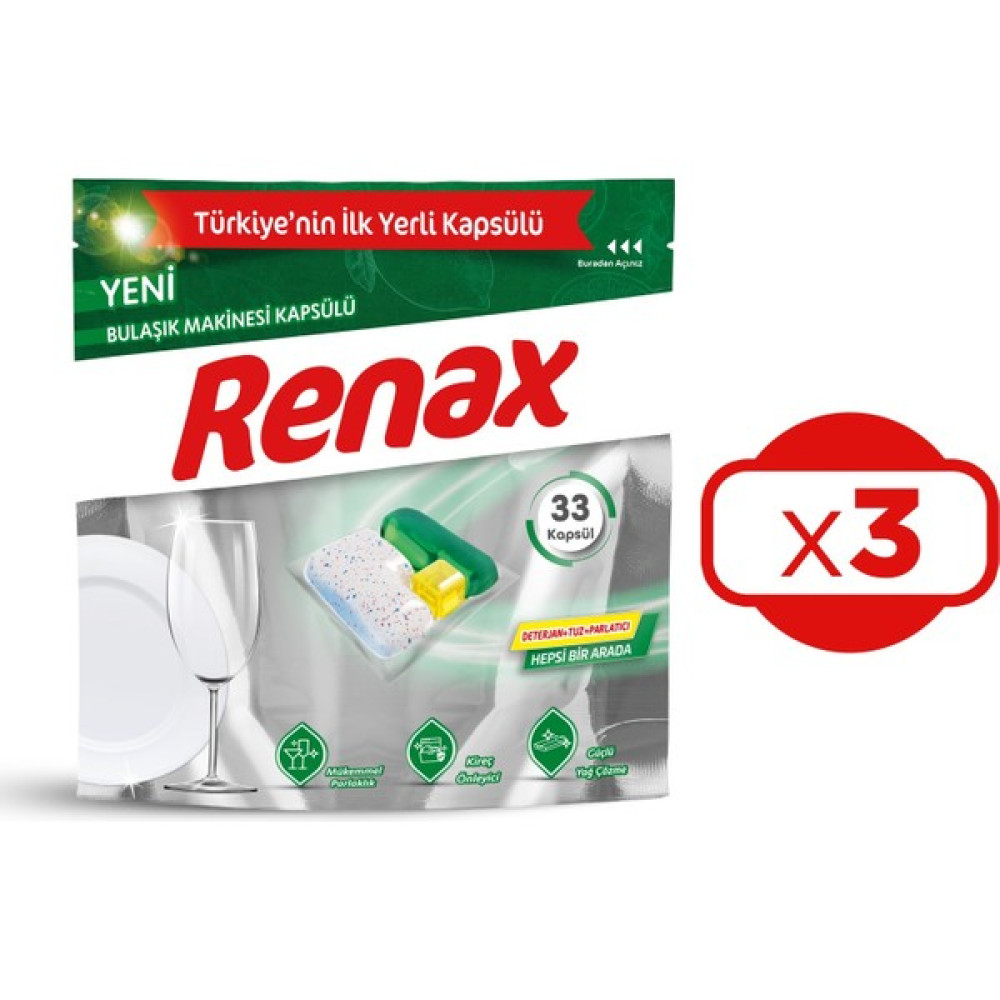 Renax Bulaşık Makinesi Kapsülü Hepsi Bir Arada 33'lü x 3 Adet (99 Kapsül) Bulaşık Yıkama Fiyatı
