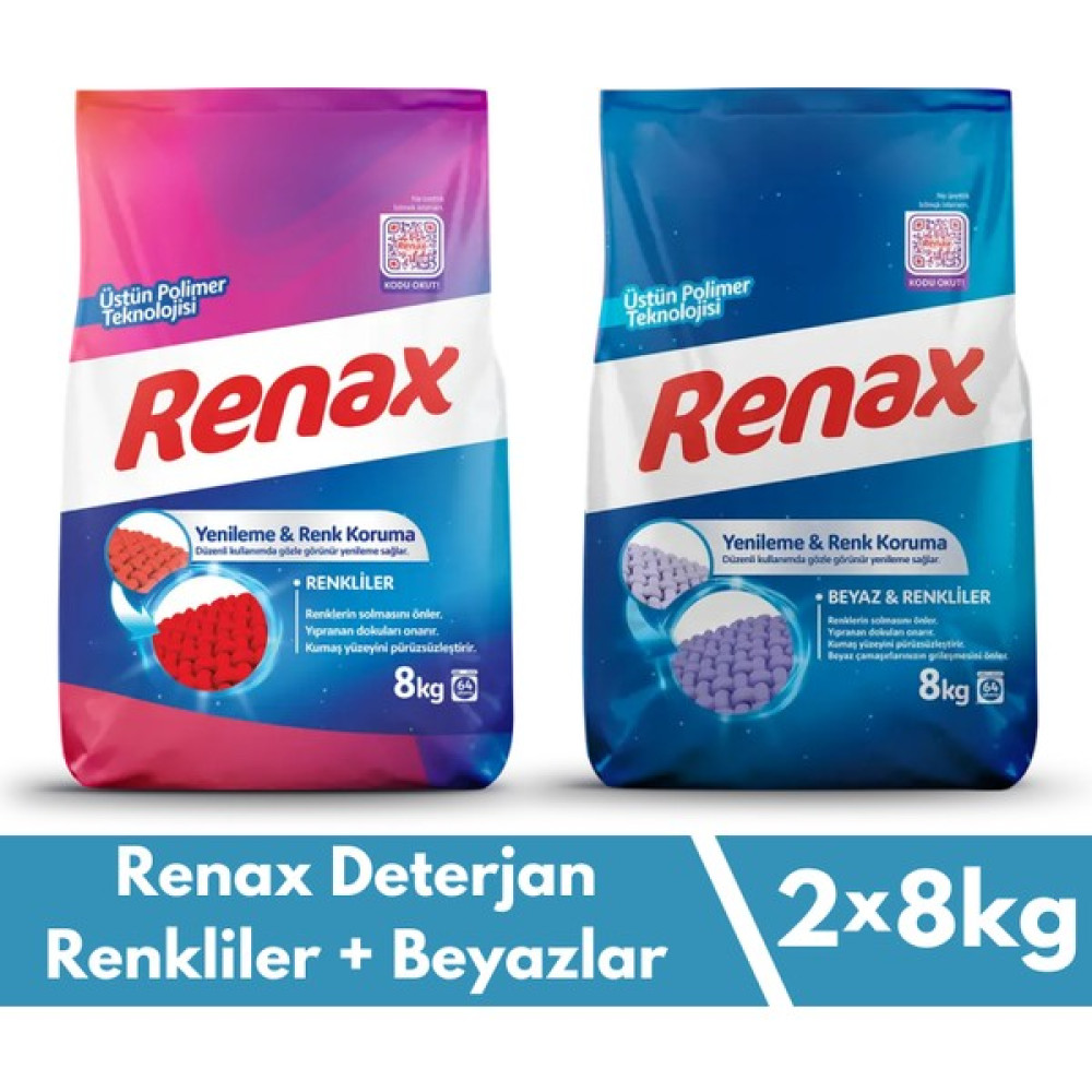 Renax Toz Çamaşır Deterjanı 8 kg 2'li Paket (Renkliler + Beyazlar) Çamaşır Deterjanı Fiyatı