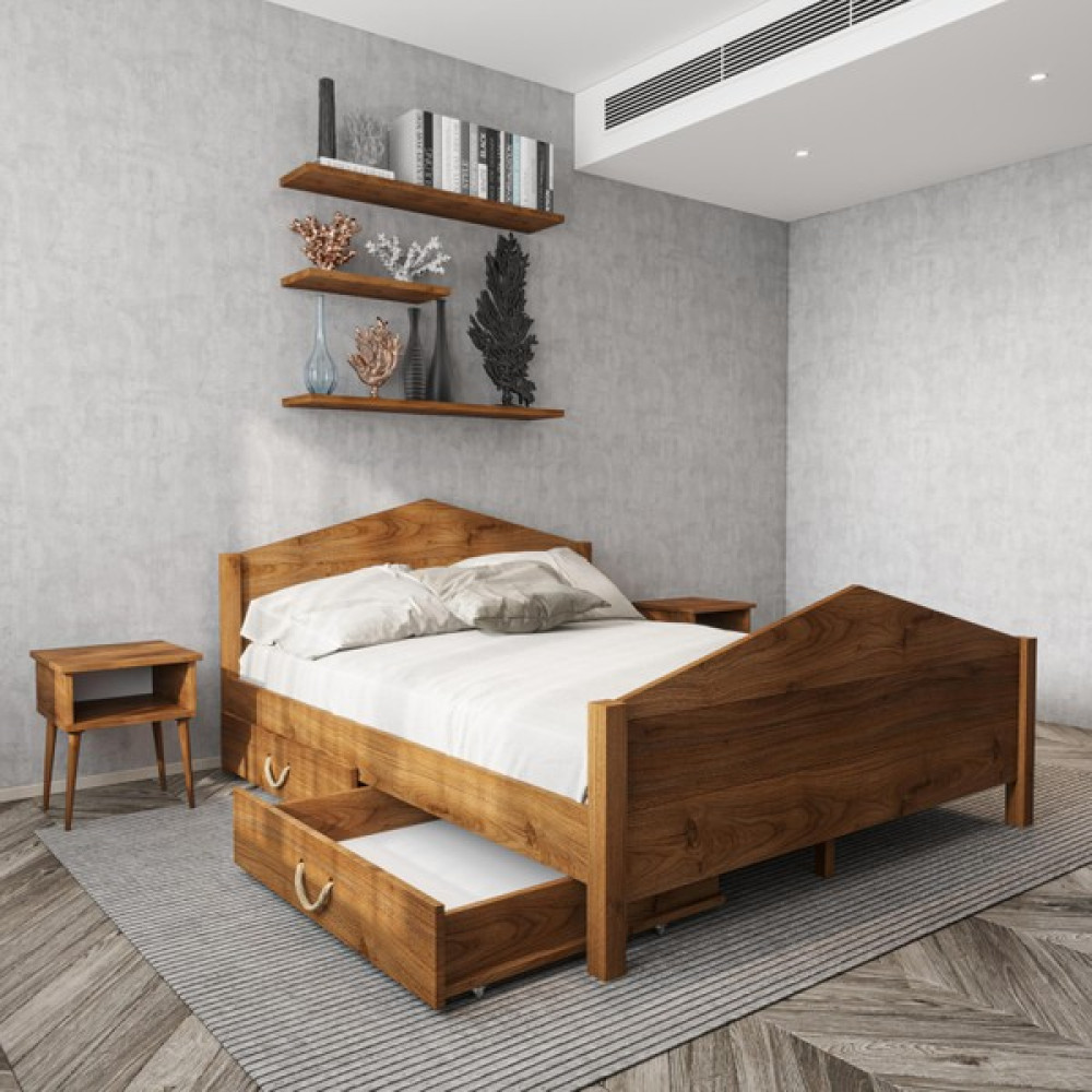 Renazzo Milano Model Iki Çekmeceli Ceviz Renk Çam Ahşap Karyola - 90 x 190 cm Karyola Fiyatı
