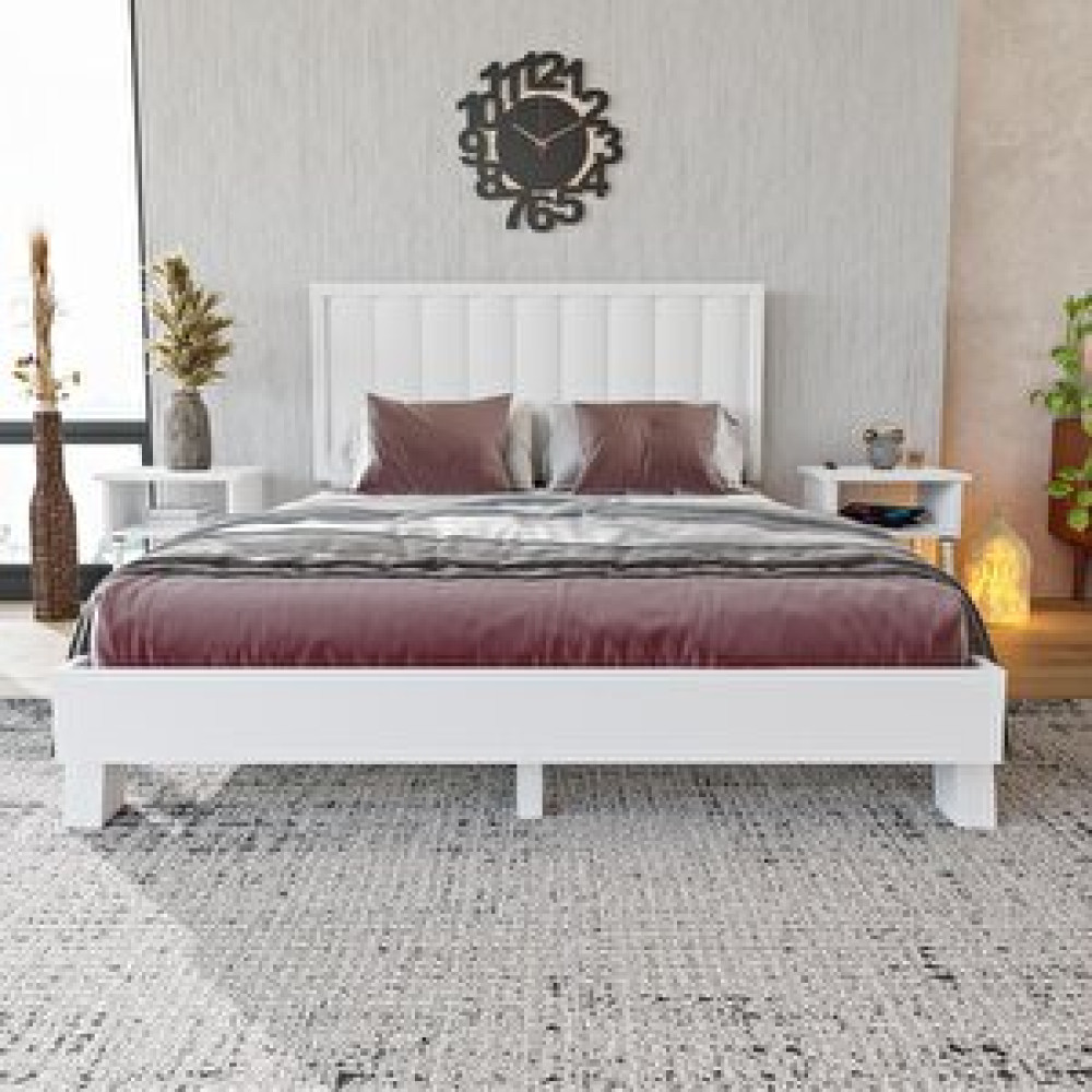 Renazzo Mobilya Hüma Model Beyaz Renk Çam Ahşap Karyola Ve İki Komodin Set ( Dikey ) 200x200 cm Karyola Fiyatı