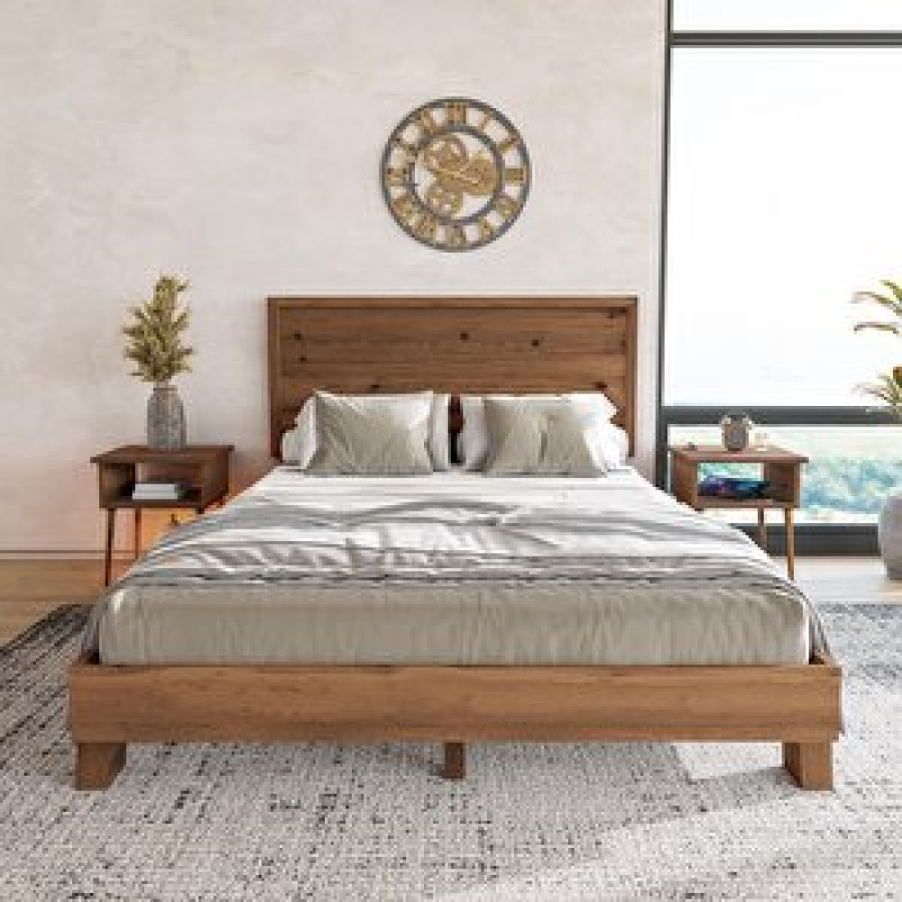 Renazzo Mobilya Hüma Model Ceviz Renk Çam Ahşap Karyola Ve İki Komodin Set ( Yatay ) 200x200 cm Karyola Fiyatı