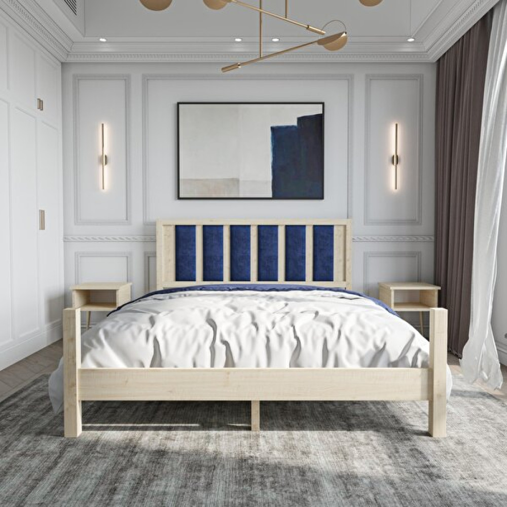 Renazzo Orion Model Lacivert Renk Puflu Başlıklı Vernikli Çam Ahşap Karyola ve Iki Komodin Set - Vernik - 90 x 200 cm Karyola Fiyatı