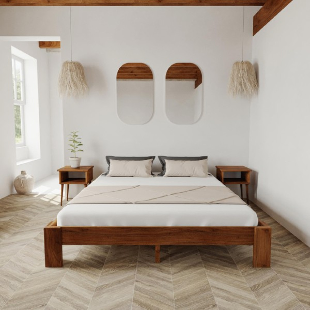 Renazzo Soft Model Ceviz Renk Çam Ahşap Karyola ve Iki Komodin Set - 200 x 200 cm Karyola Fiyatı