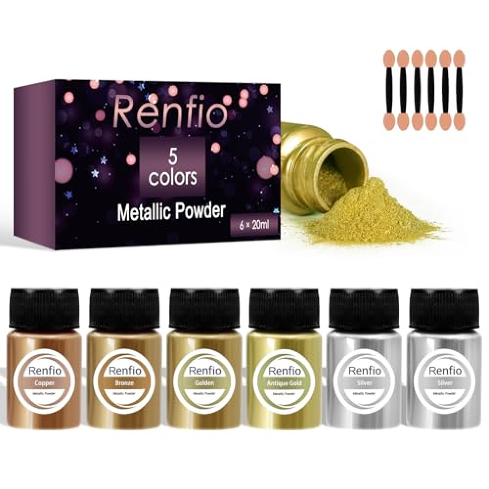 Renfio Metallic Pigment Powder, 5 Colors Gold Mica Powder for Resin, 6 X 20ml Metal Powder, Resin Color Pigment, Color Pigment for Epoxy Resin, Kintsugi, Polymer Clay, Candle Dye