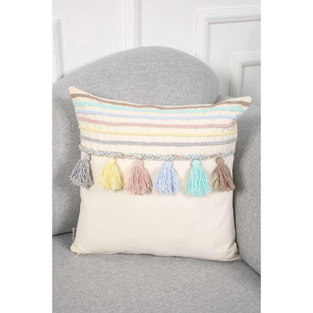 Rengarenk Örgü ve Püsküllü Kırlent KILIFI,K-204 - 45 x 45 cm - Krem Kırlent / Mobilya Yastığı Fiyatı
