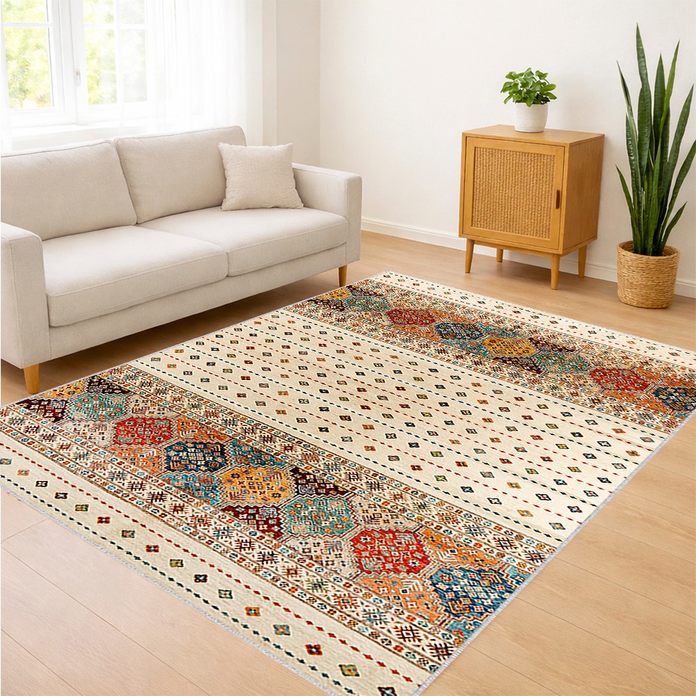 Renkli Etnik Desenli Salon Halısı Yıkanabilir Toz Tutmaz Kaymaz Tabanlı Canlı Mekanlar Için - FNL-198 - 120 x 180 Salon Halısı Fiyatı