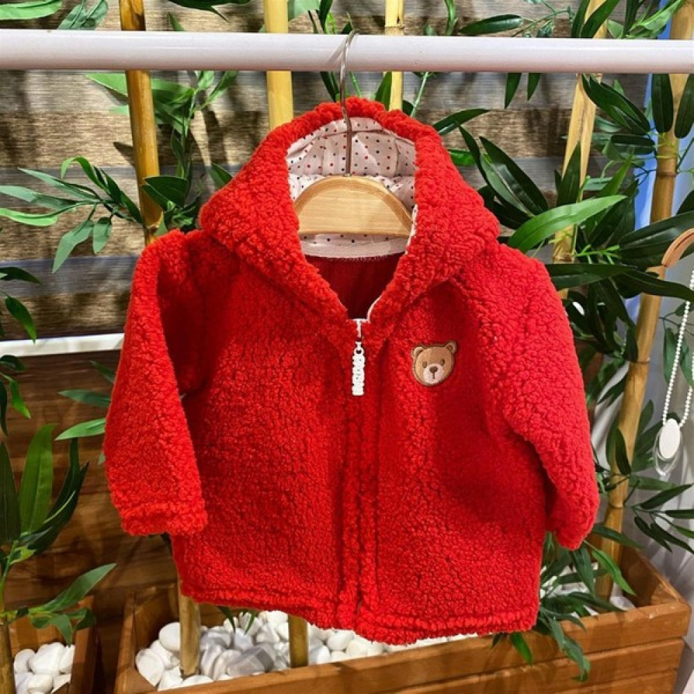 Renkli Puset Peluş Polar Bebek Kapşonlu Fermuarlı Hırka Wellsoft Kırmızı Bebek Hırkası Fiyatı
