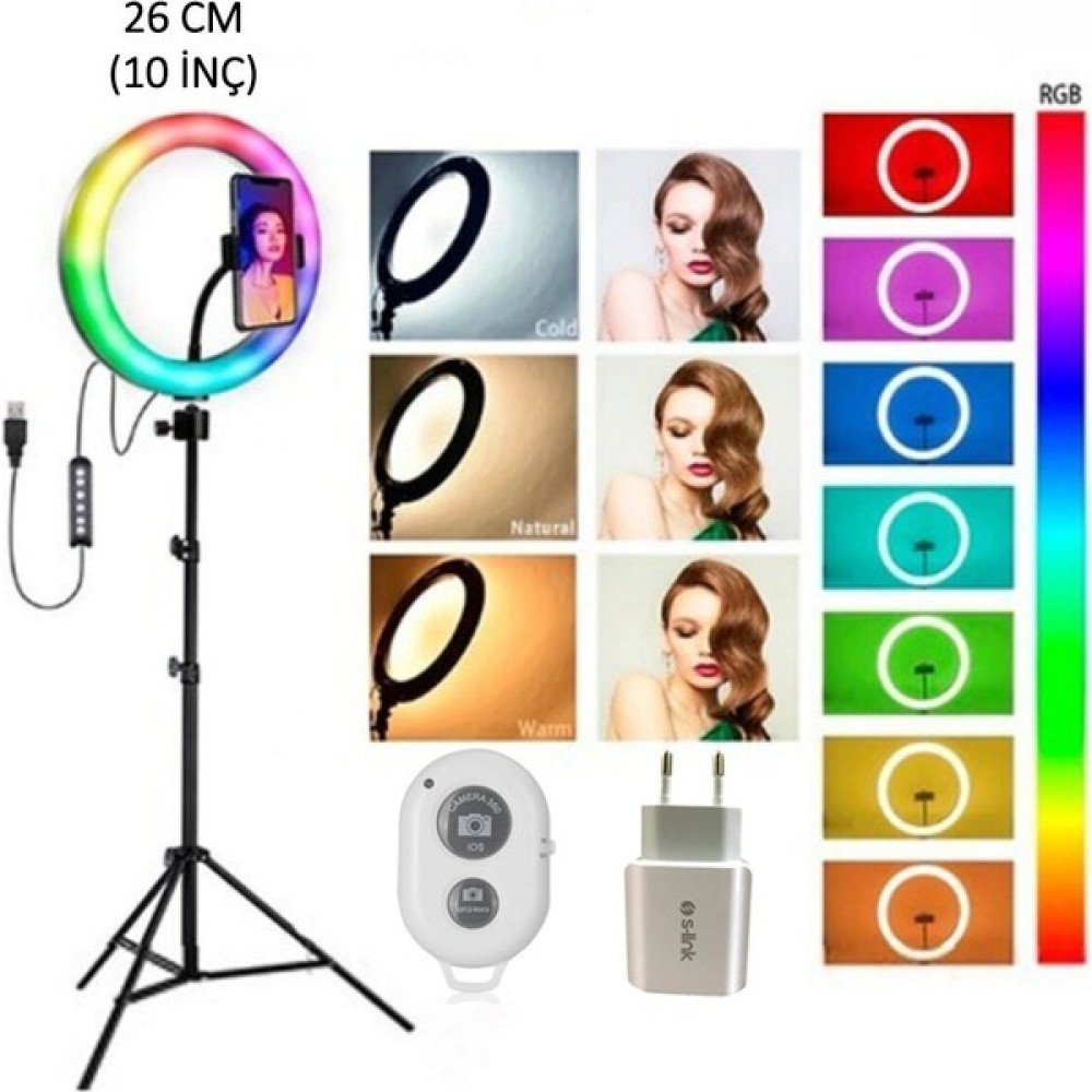 Renksan MJ26 10INÇ Rgb LED Selfie Işığı Tripot Kumandalı Ring Lıght Tripodlar Fiyatı