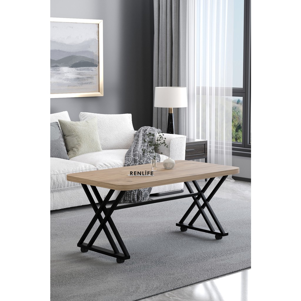 Renlife Tekerlekli Orta Sehpa Yemek Masası Balkon Masası Mutfak Masası 60 x 100 Metal Ayaklı (Antik Çam) - antik çam Orta Sehpa Fiyatı