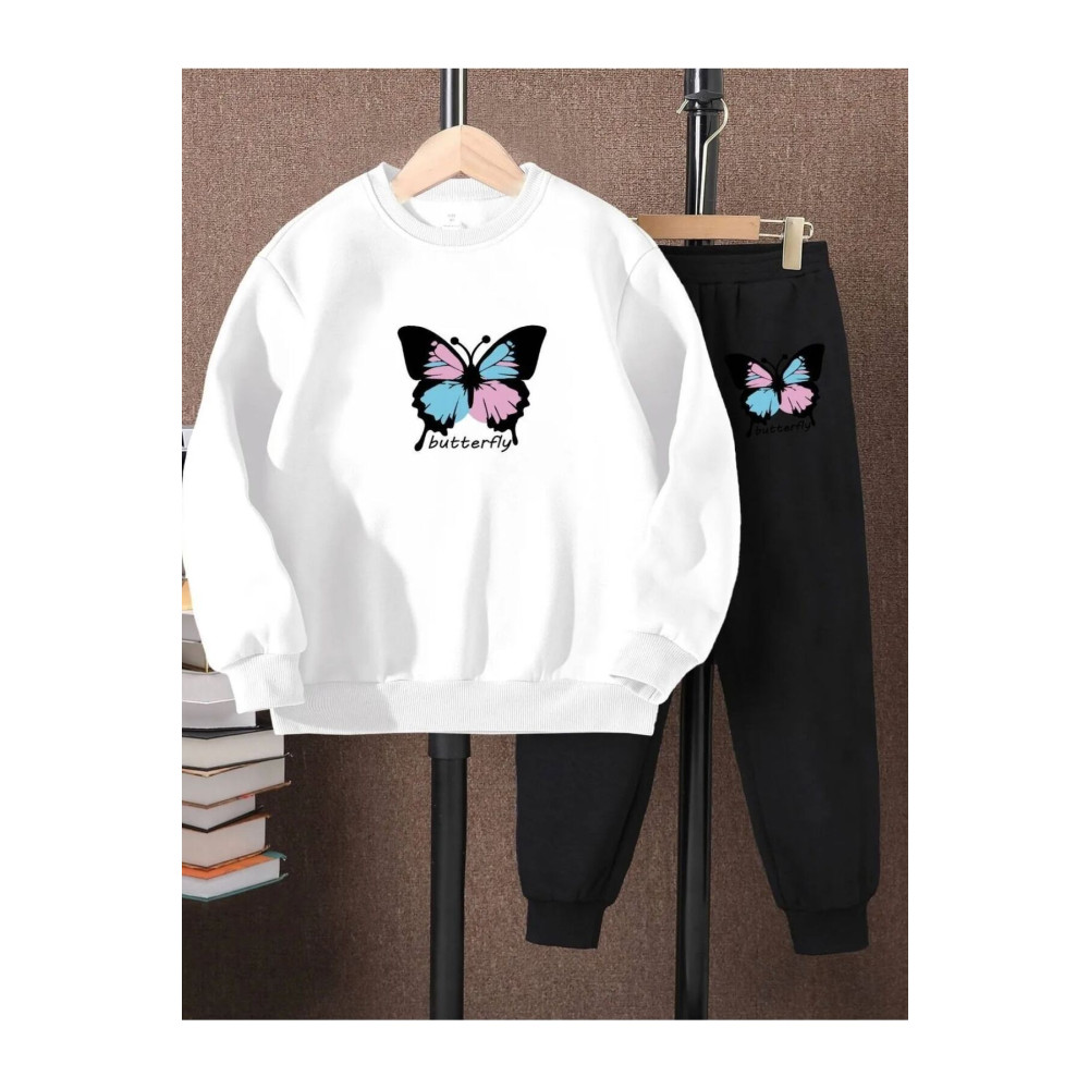 Renna Mood Butterfly Baskılı Kız/erkek Çocuk Beyaz Bisiklet Yaka Sweat Eşofman Takımı 13-14 Yaş Beden Kadın Giyim Fiyatı