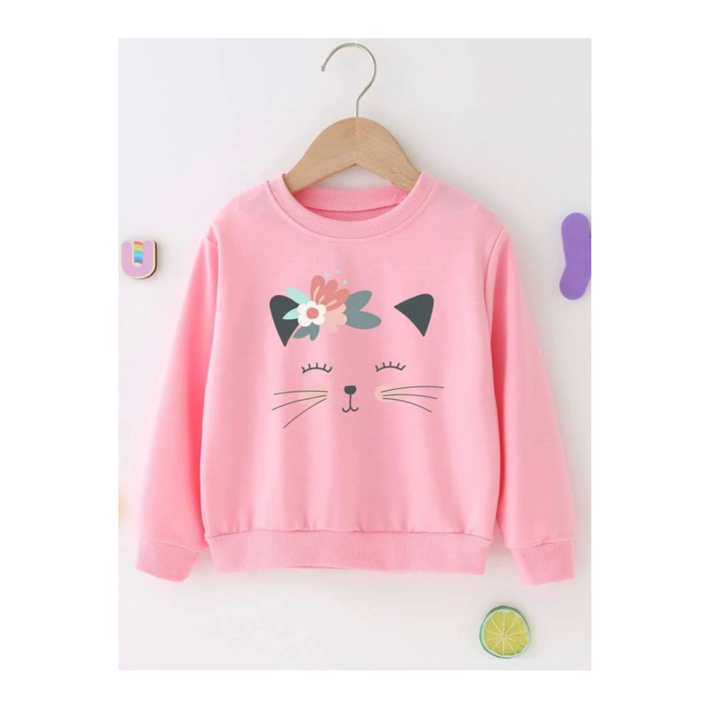 Renna Mood Pembe Kedicik Baskılı Bisiklet Yaka Kız Çocuk Sweatshirt 5-6 Yaş Beden Bayan Sweatshirt Fiyatı
