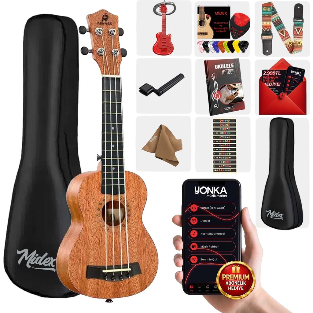 Rennes RD-21 Soprano Ukulele (Çanta Capo Askı Metod Pena) - Sunburst Diğer Fiyatı