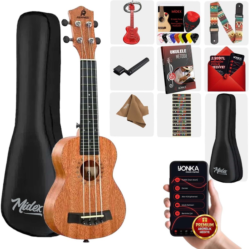 Rennes RD-24 Concert Ukulele (Çanta Capo Askı Metod Pena) - Kahverengi Diğer Fiyatı