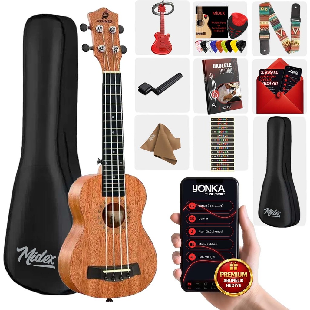 Rennes RD-26 Tenor Ukulele (Çanta Capo Askı Metod Pena) - Sunburs Diğer Fiyatı