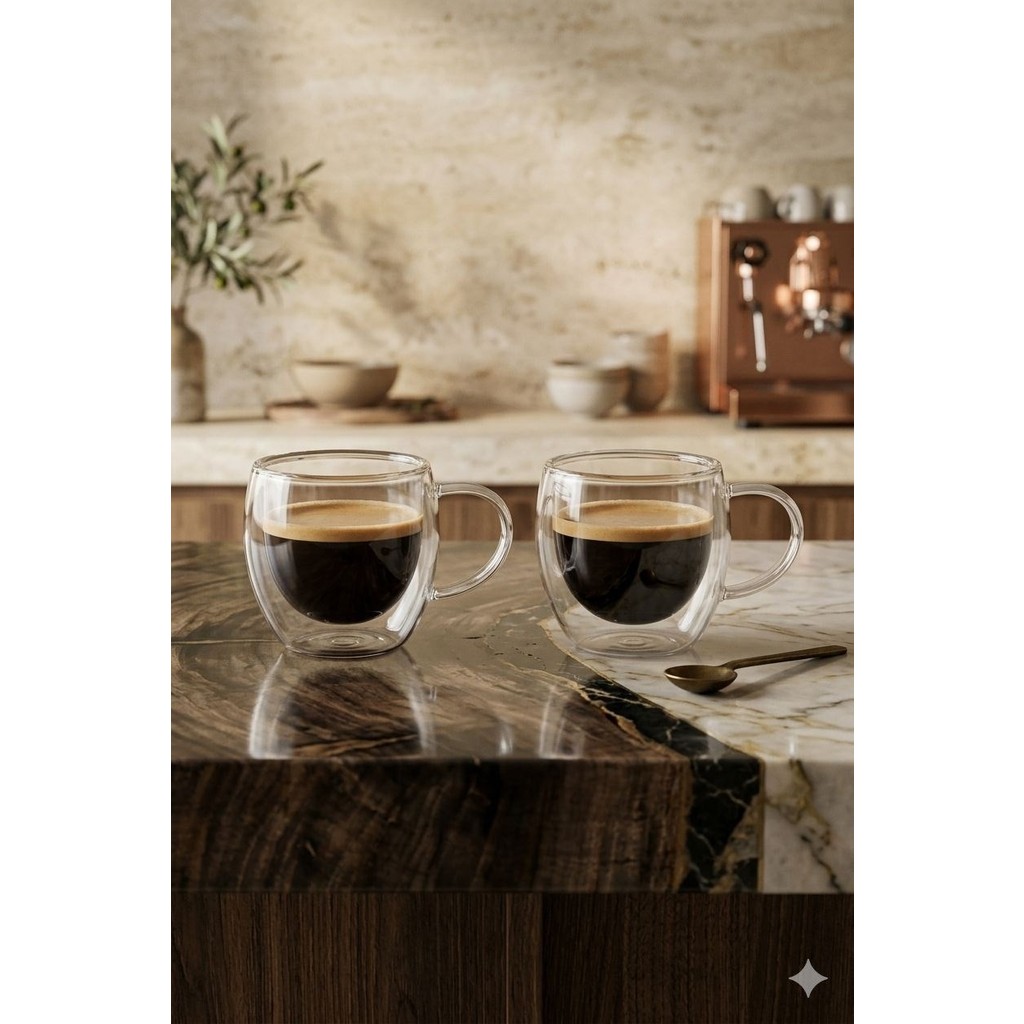 Reoona 2'li Türk Kahvesi Bardağı Kuplu Espresso Bardağı Çift Cidarlı 80 ml - Şeffaf Diğer Fiyatı