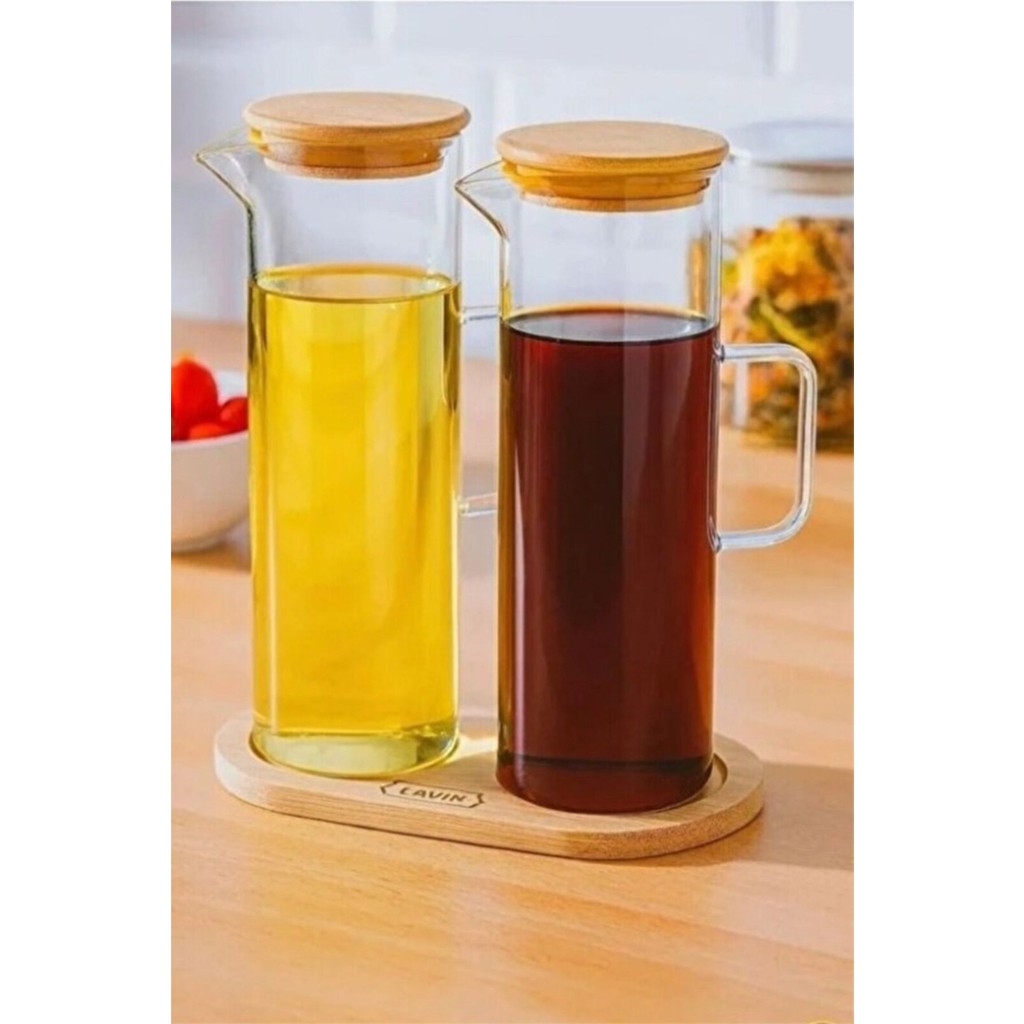 Reoona 3 Parça 400 ml Borosilikat Yağlık - Bambu Altlık ve 2 Adet Bambu Kapaklı Cam Yağdanlık - Şeffaf Diğer Fiyatı