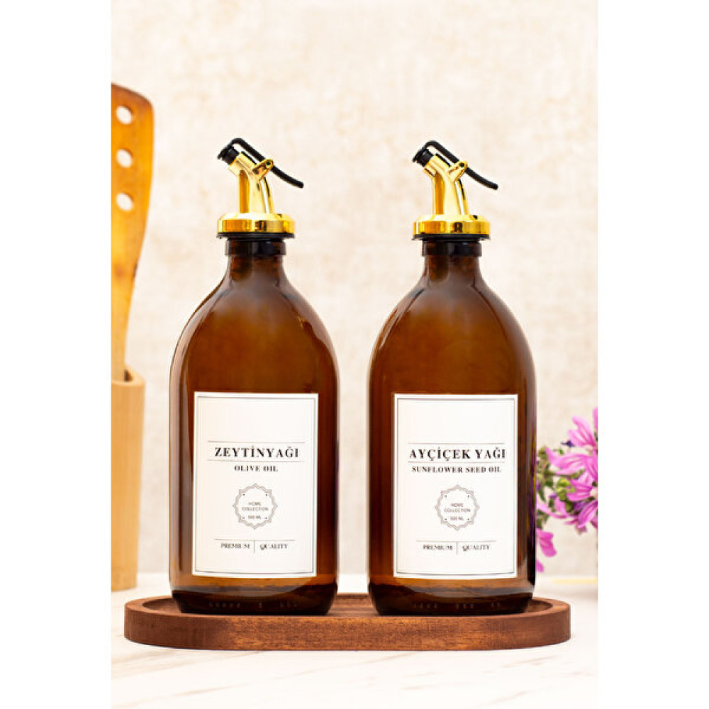 Reoona Oval Standlı Beyaz Etiketli Gold Başlıklı Zeytinyağı Ayçiçek Yağı Şişesi Yağlık Yağdanlık Seti - Amber - 500 ml Mutfak Gereçleri Fiyatı