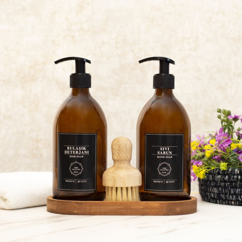 Reoona Oval Standlı Fırçalı Siyah Etiketli Bulaşık Deterjanı Sıvı Sabun Amber Şişe Seti 500 ml Sabunluk Fiyatı