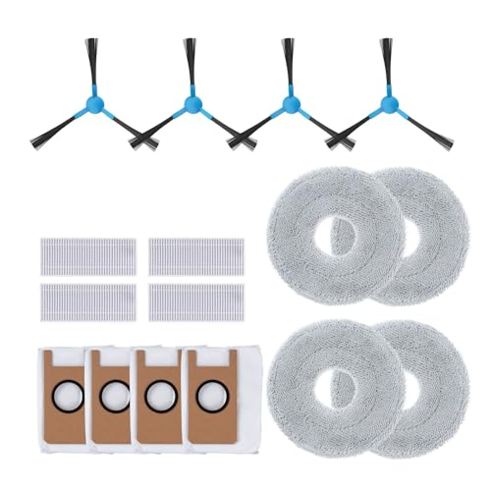 Replacement Parts for Extravis V5 Robot Vacuum, 4 Side Brushes, 4 Mop Cloth Pads, 4 Vacuum Dust Bags, 4 Hepa Filters